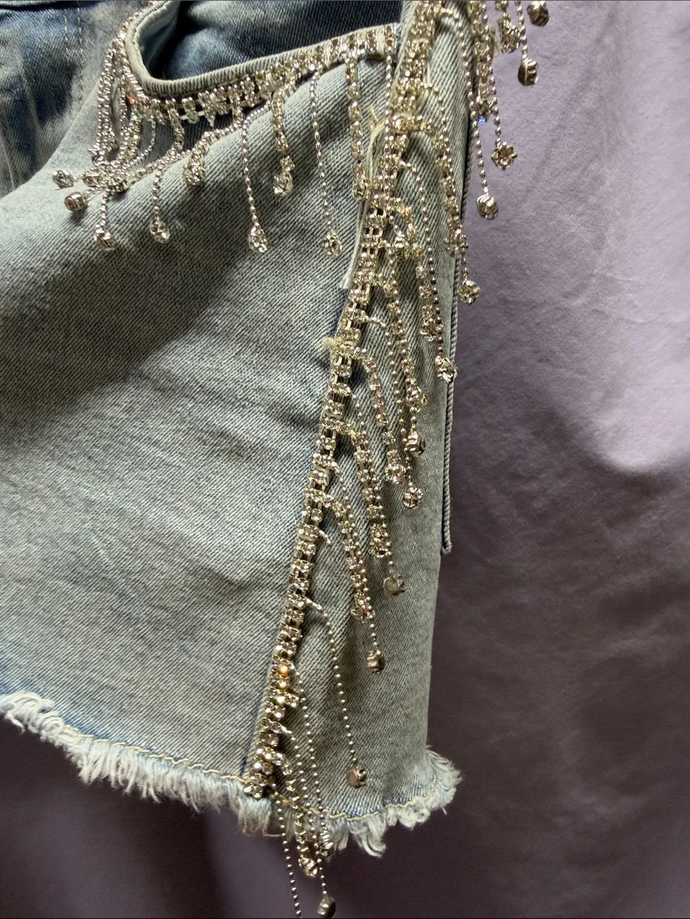 Light Wash Denim Mini Skirt with Rhinestone Fringe